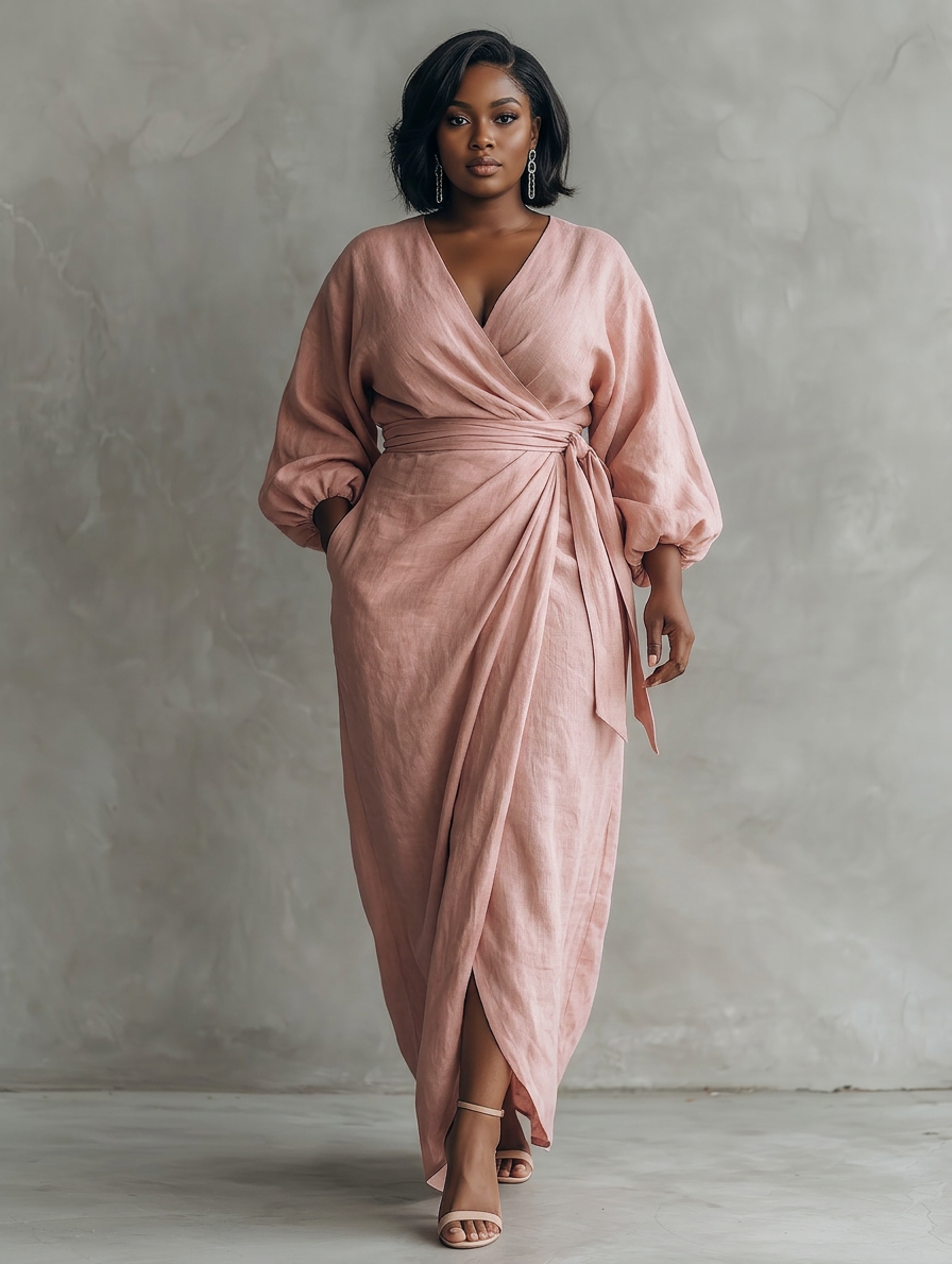 Robe Maxi Minimaliste Rose avec Décolleté en V pour Femmes