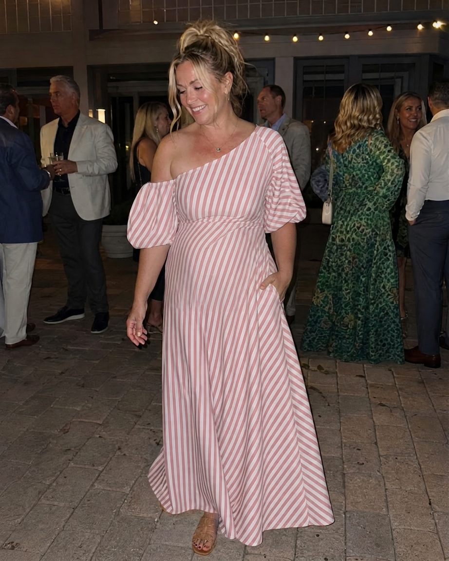 Seraphina | Robe Midi à Manches Bouffantes et Épaules Dégagées Rayée