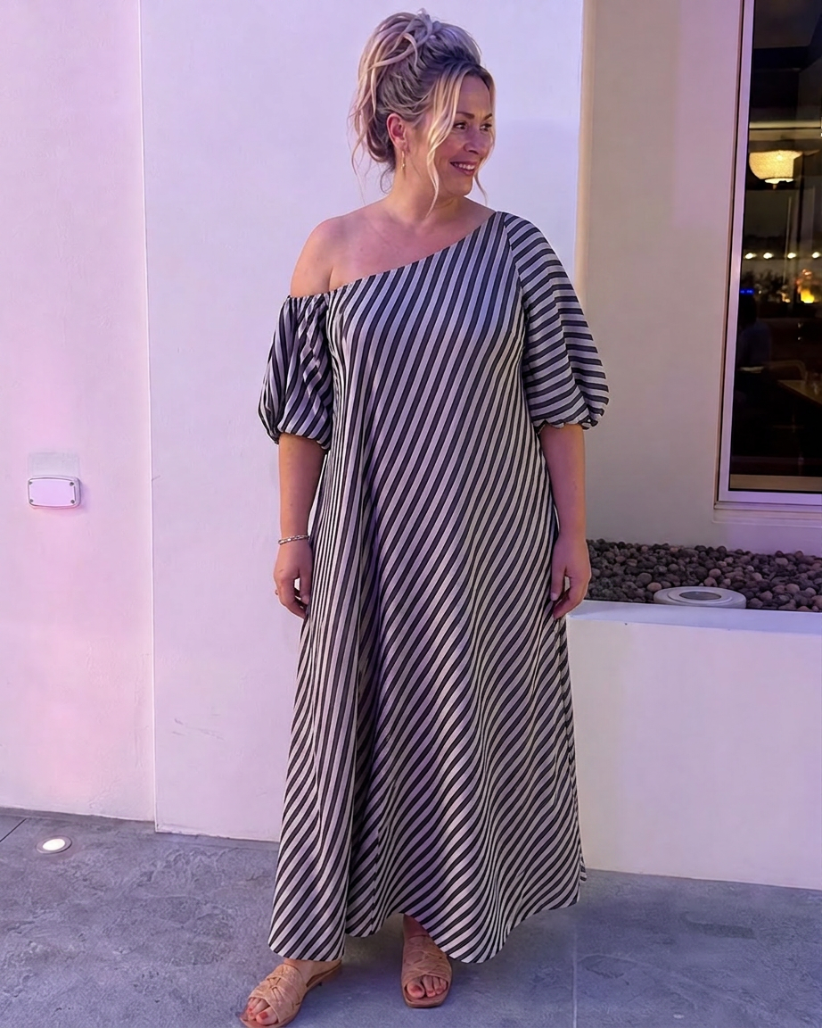 Seraphina | Robe Midi à Manches Bouffantes et Épaules Dégagées Rayée