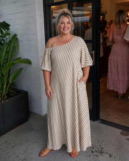 Seraphina | Robe Midi à Manches Bouffantes et Épaules Dégagées Rayée