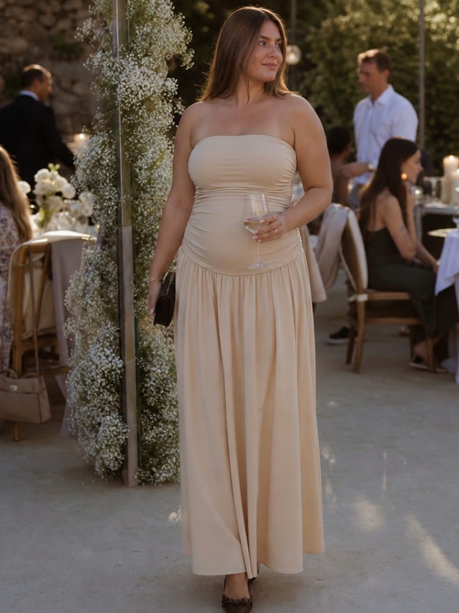 Clemence | Robe midi à corsage froncé sans bretelles