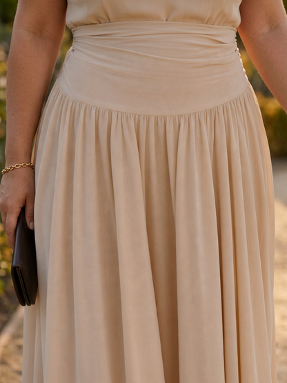 Clemence | Robe midi à corsage froncé sans bretelles