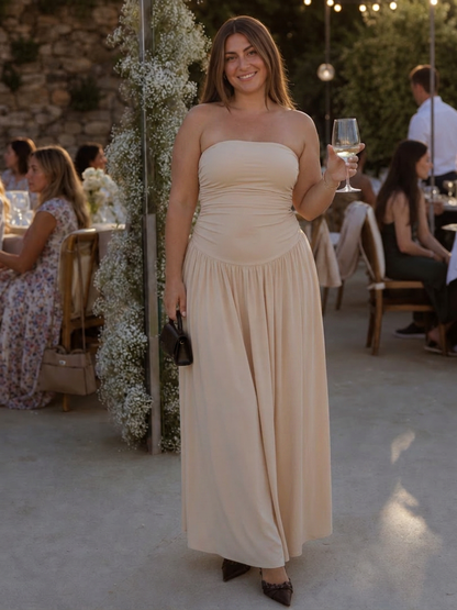 Clemence | Robe midi à corsage froncé sans bretelles