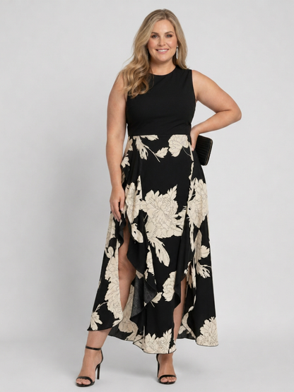 Shiloh | Robe midi sans manches à imprimé floral avec ourlet asymétrique