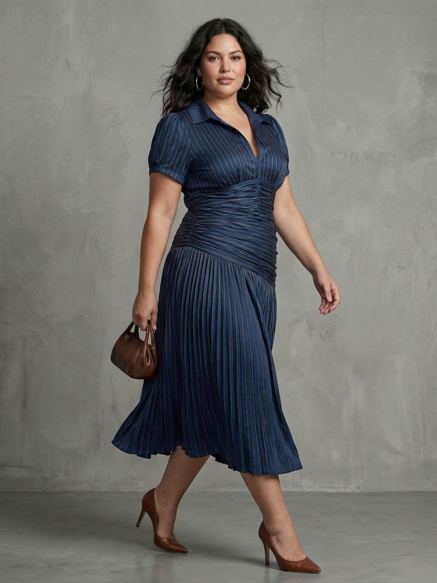 Vita | Robe Midi à Taille Plissée à Rayures