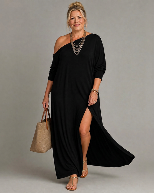 Magnolia | Robe Midi Fluide à Épaule Dénudée avec Fente Latérale