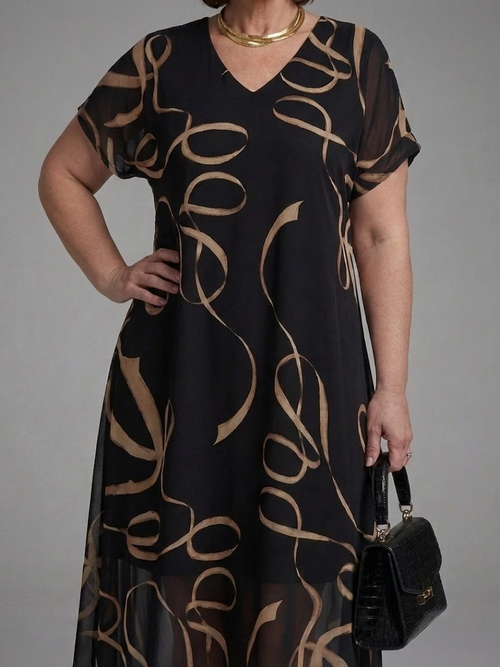 Rin | Robe Midi Abstraite à Manches Courtes