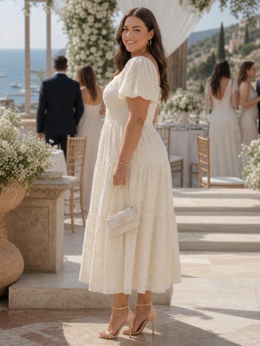 Belen | Robe Midi à Détail Floral Texturé à Manches Courtes