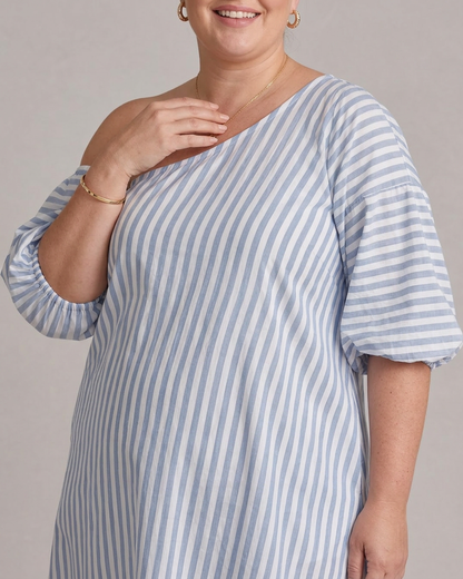 Seraphina | Robe Midi à Manches Bouffantes et Épaules Dégagées Rayée