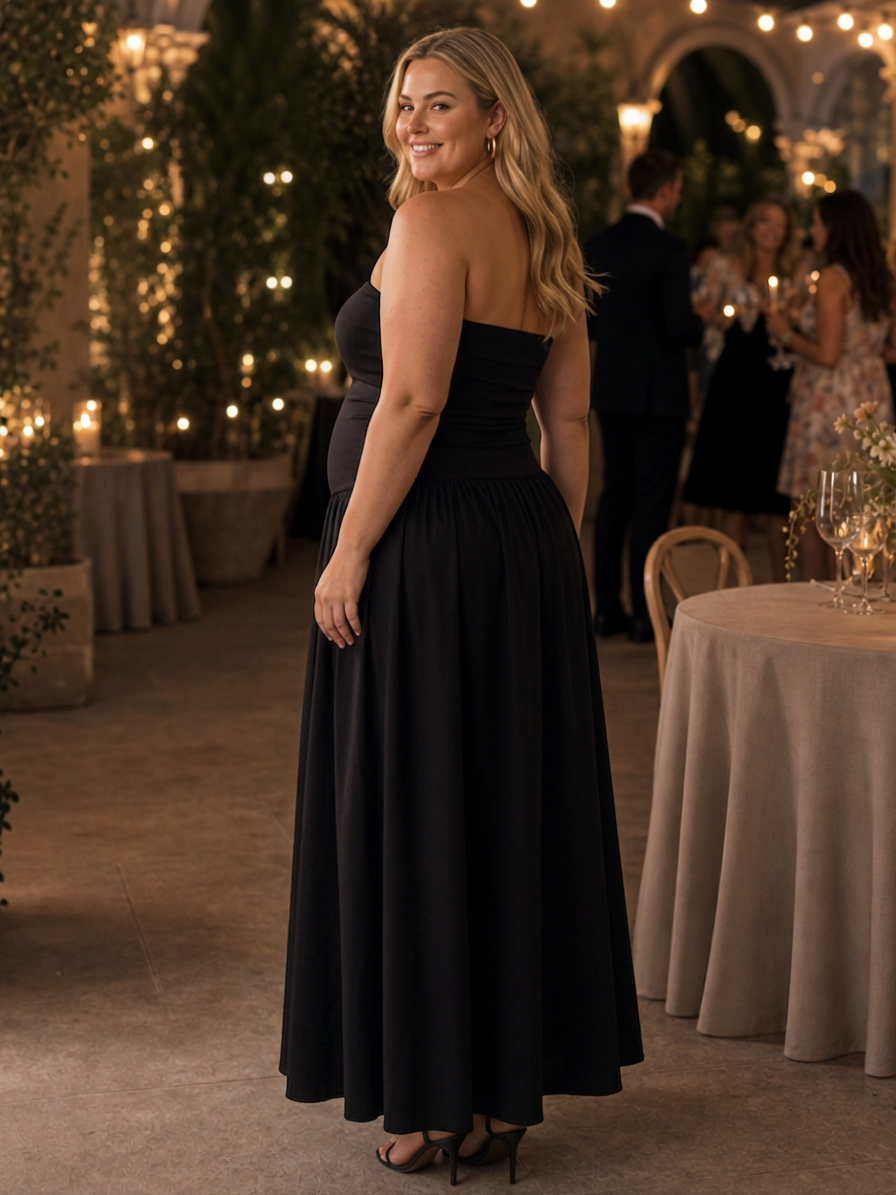 Clemence | Robe midi à corsage froncé sans bretelles