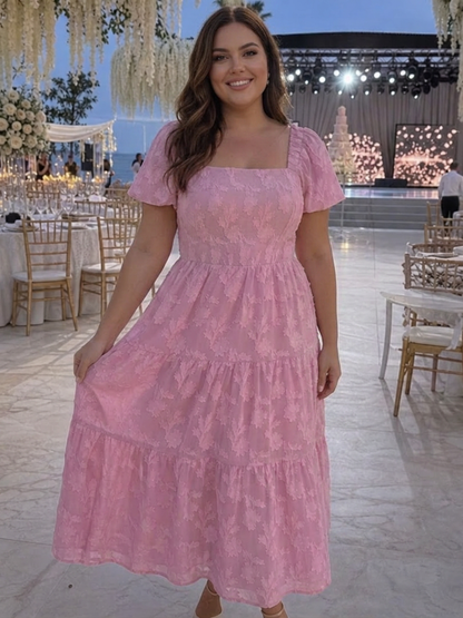 Belen | Robe Midi à Détail Floral Texturé à Manches Courtes