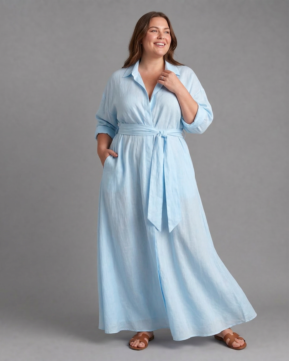 Astrid | Robe midi fluide à col ceinturé et manches longues