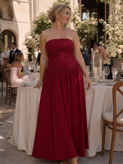 Clemence | Robe midi à corsage froncé sans bretelles