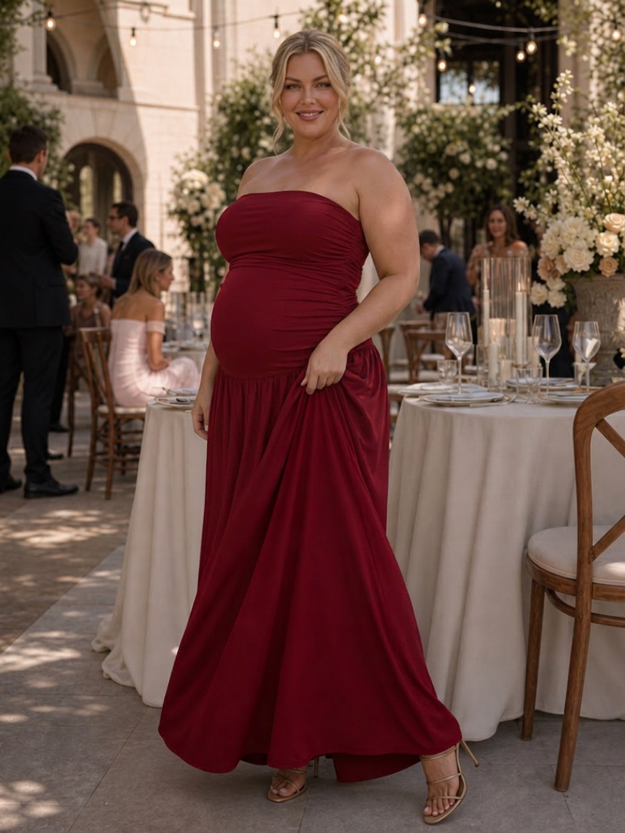 Clemence | Robe midi à corsage froncé sans bretelles