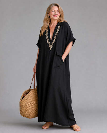 Posy | Robe Maxi Détail Poche Brodée à Col V Détendu