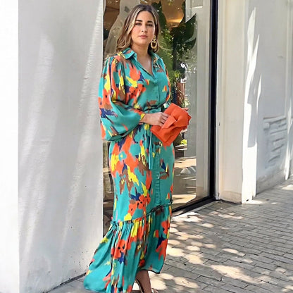Robe Maxi à Revers Imprimée Jolie : Élégance Vintage Flottante