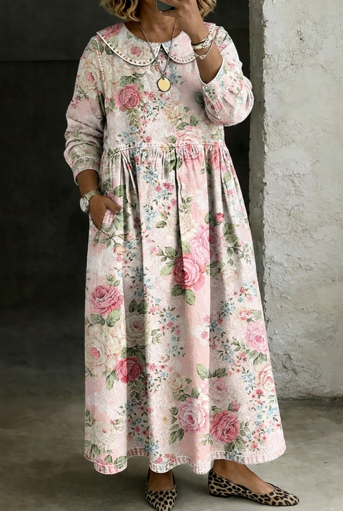 Lowri | Robe en Jean avec Col Floral