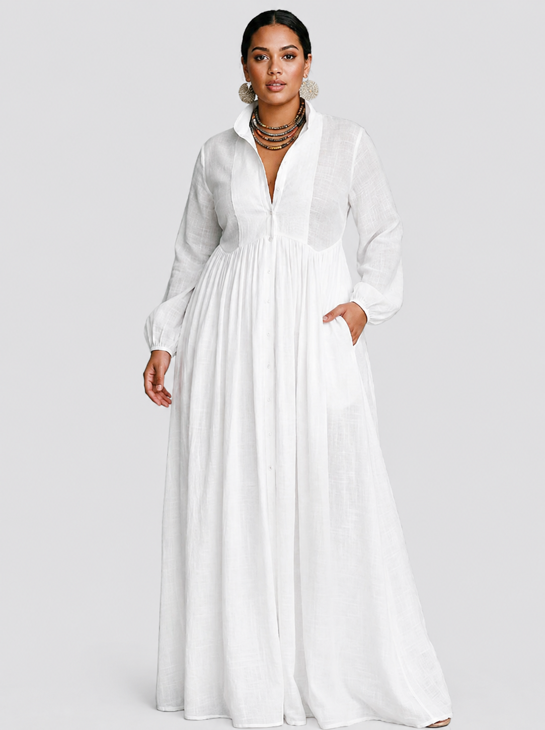 Sunniva | Robe Maxi Fluide à Boutons Blancs