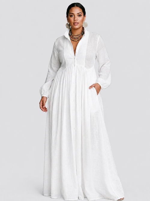 Sunniva | Robe Maxi Fluide à Boutons Blancs
