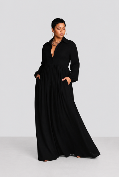 Hedda | Robe Maxi à Boutons Noire Fluide