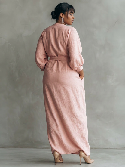 Robe Maxi Minimaliste Rose avec Décolleté en V pour Femmes