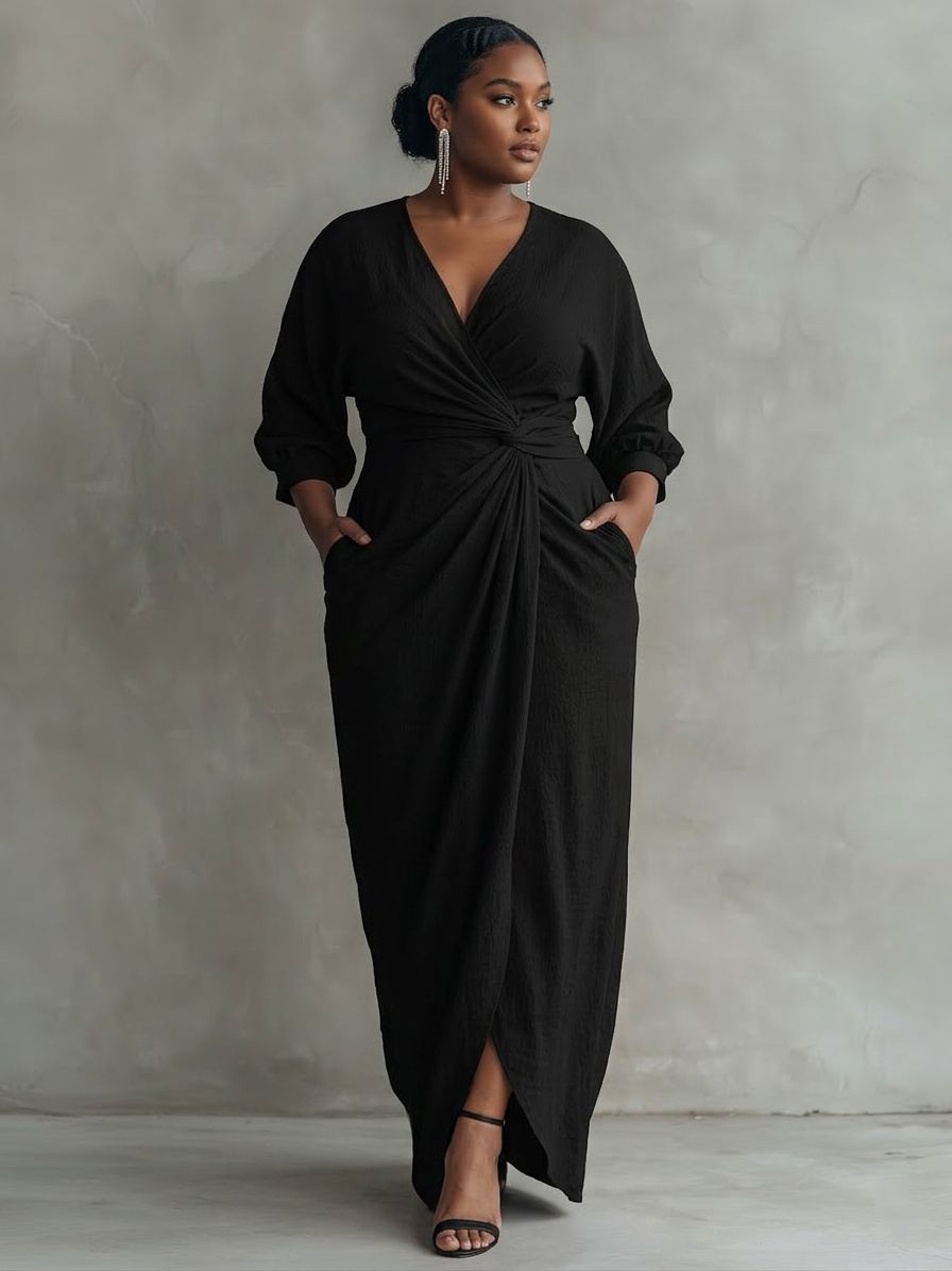 Robe Maxi Minimaliste Rose avec Décolleté en V pour Femmes