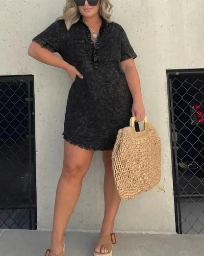 Nadia | Robe Mini à Manches Courtes en Lin avec Col et Boutons