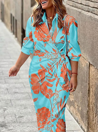 Imogen | Robe maxi en chiffon imprimé avec ceinture et décolleté en V pour femmes