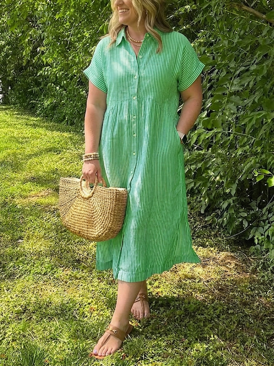 Sylvie | Robe midi à manches courtes en lin rayé pour femmes