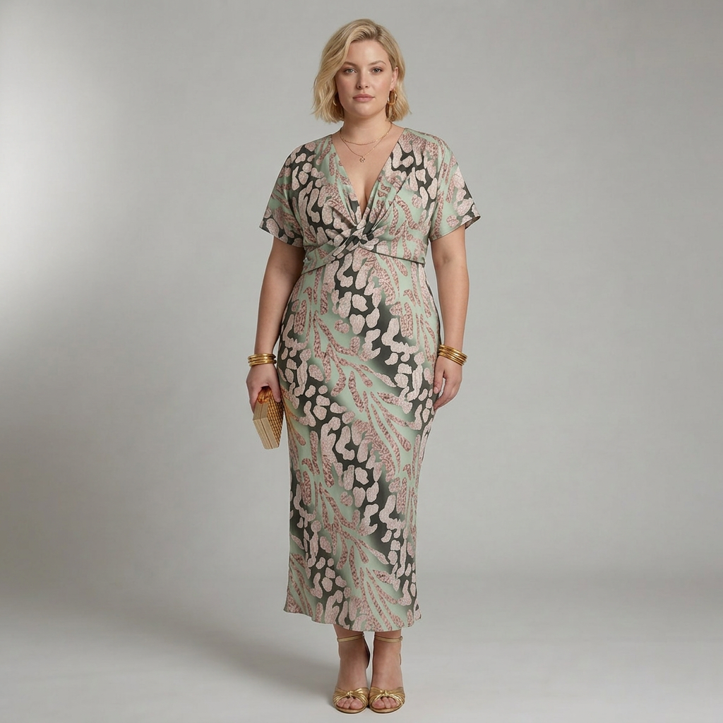 Stella & Grace™ | Robe Midi à Imprimé Abstrait et Décolleté en V avec Taille Torsadée