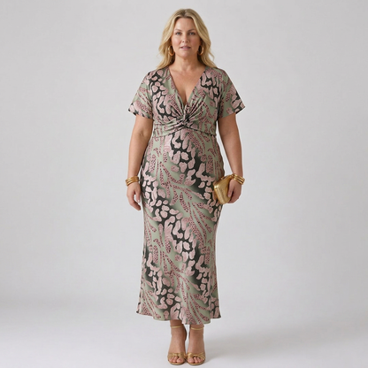 Stella & Grace™ | Robe Midi à Imprimé Abstrait et Décolleté en V avec Taille Torsadée