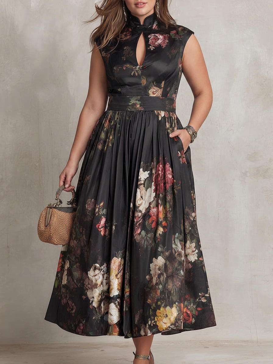 Hana | Robe Midi Plissée en Satin Floral Noir