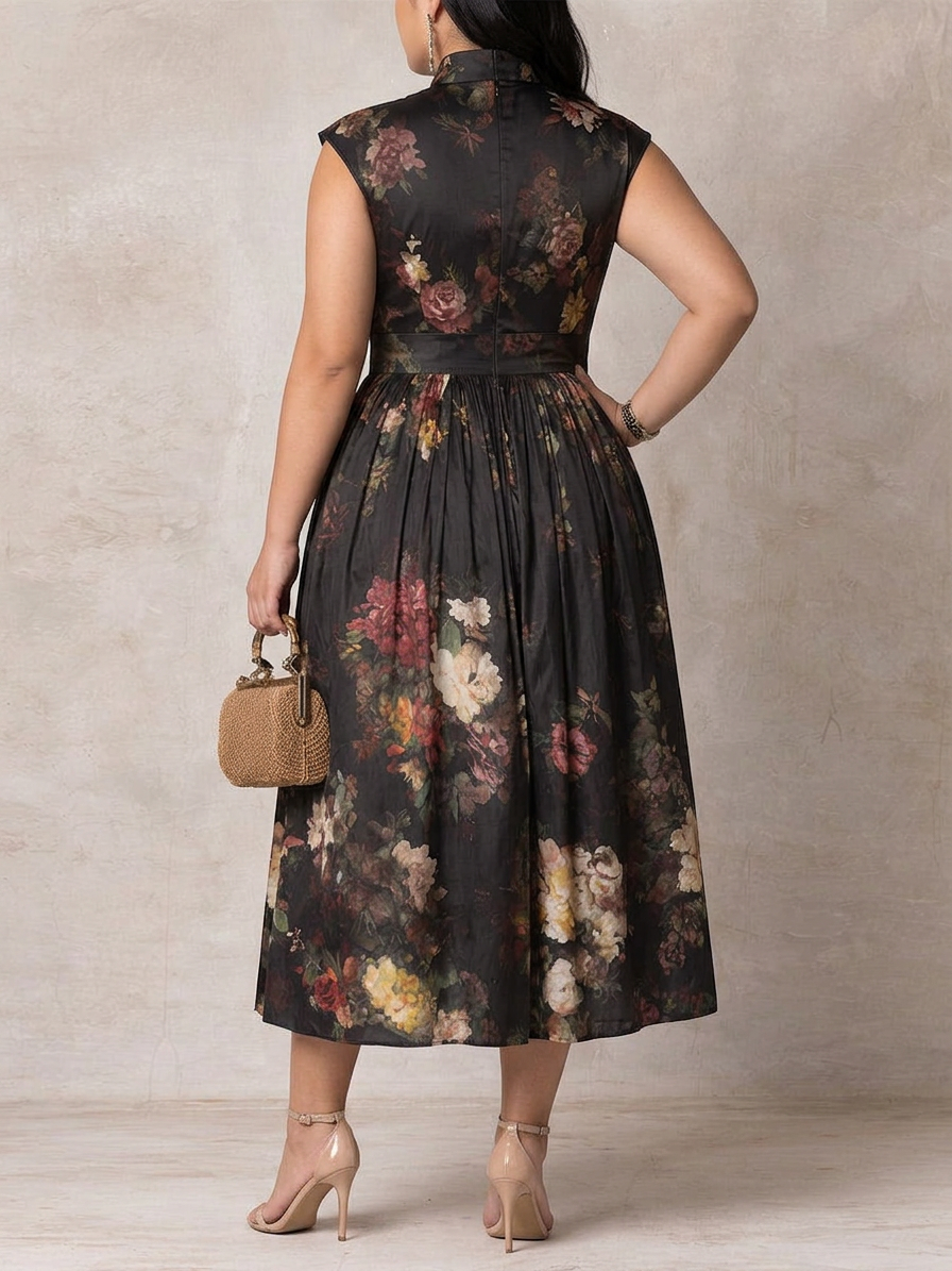 Hana | Robe Midi Plissée en Satin Floral Noir