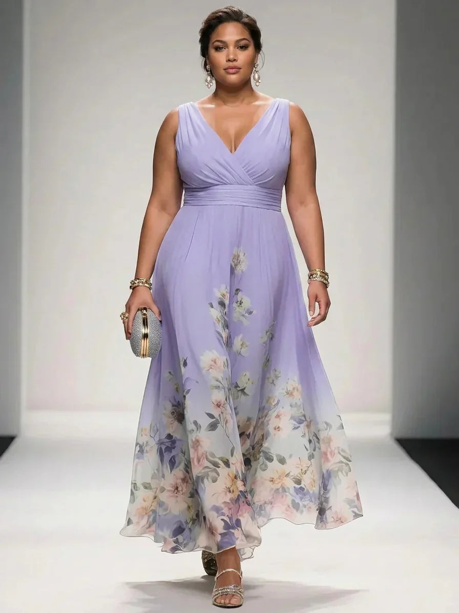 Salma | Robe Maxi Chiffon Fleurie Bleu Clair à Décolleté en V