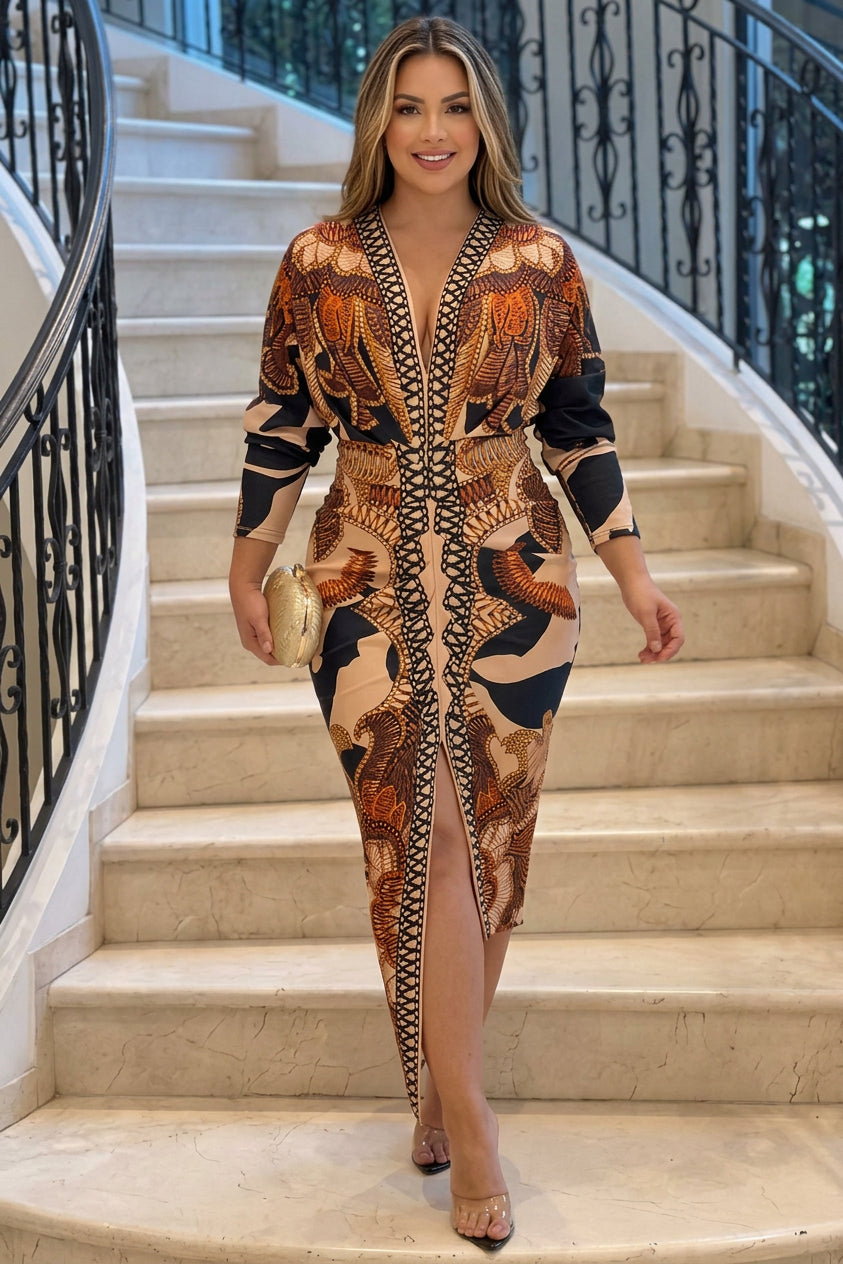 Signy | Robe Midi Dolman Imprimé Unique Évasion Solaire