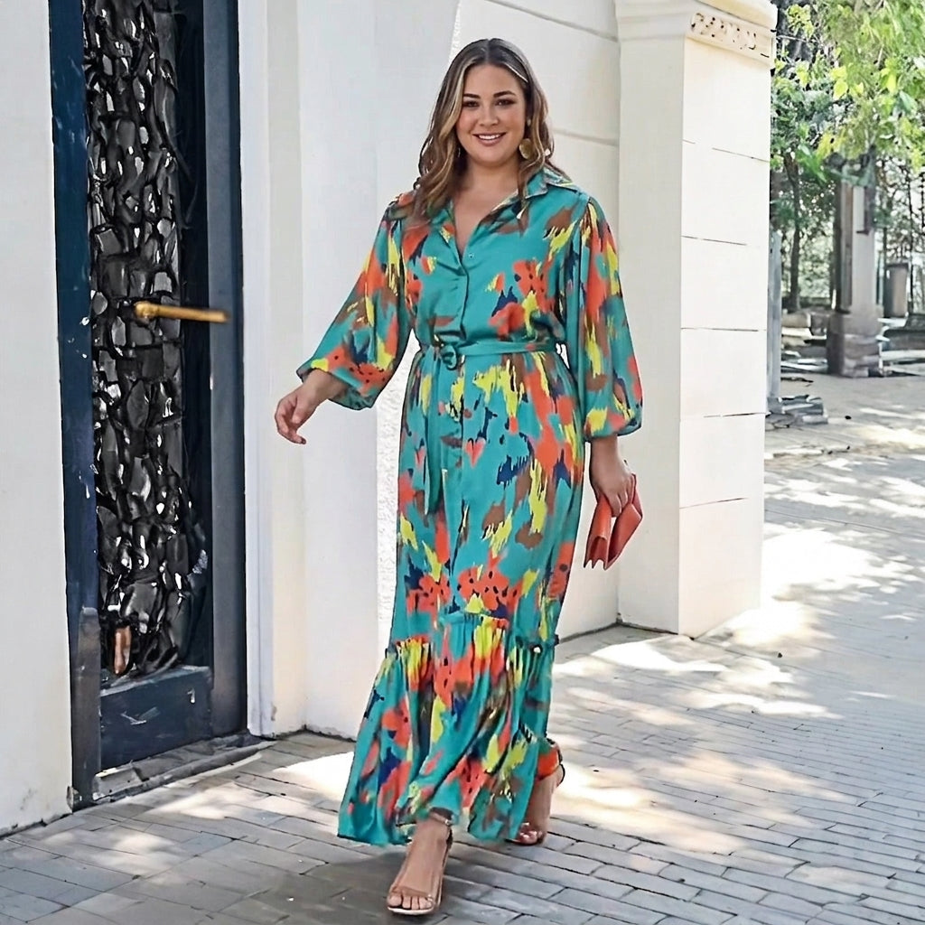 Robe Maxi à Revers Imprimée Jolie : Élégance Vintage Flottante
