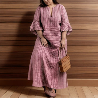 Hailey┃Robe longue décontractée avec rayures vintage et décolleté en V