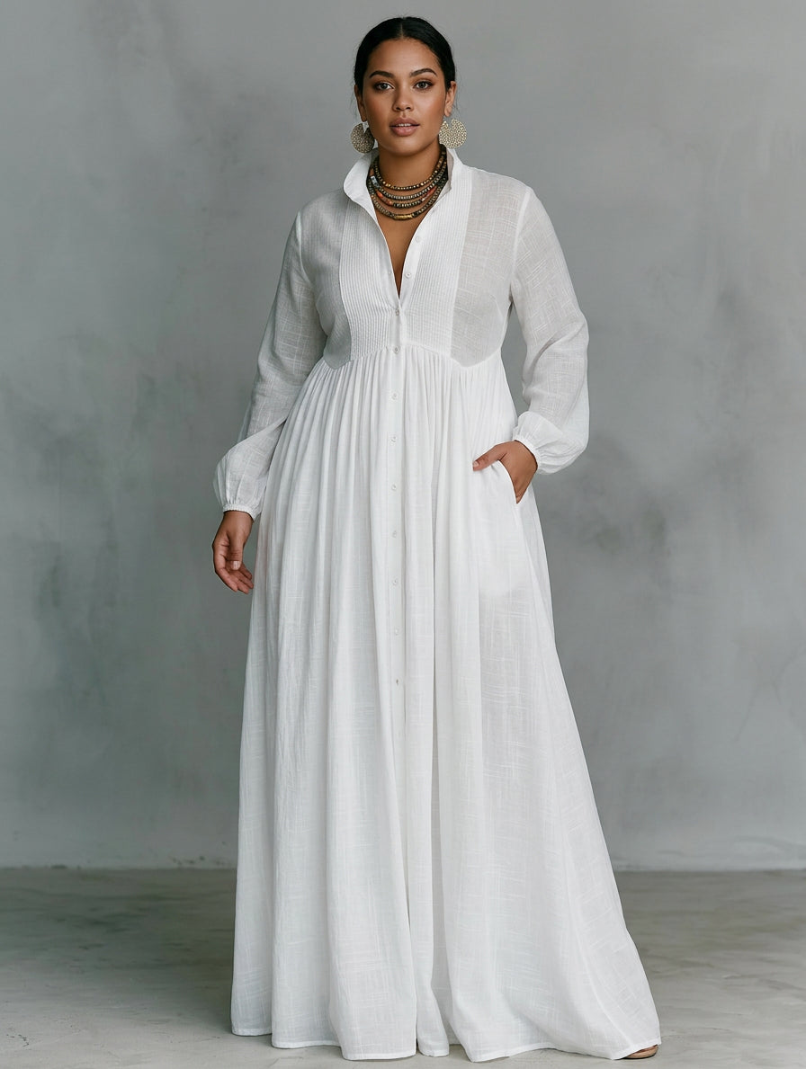 Sunniva | Robe Maxi Fluide à Boutons Blancs