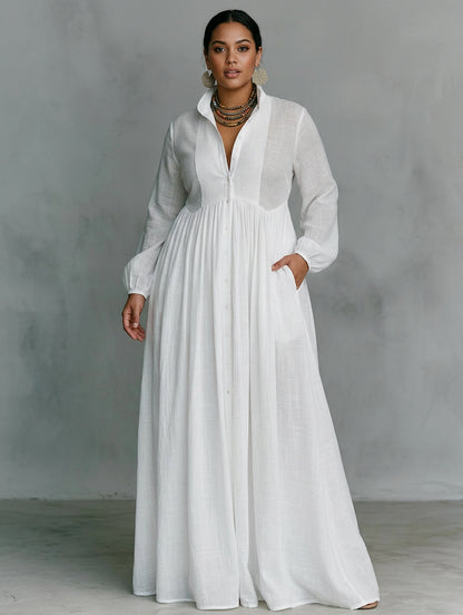 Sunniva | Robe Maxi Fluide à Boutons Blancs